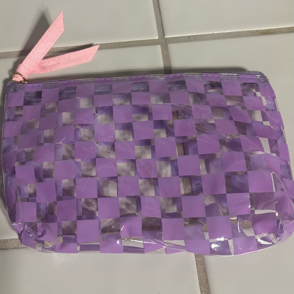 Purple checkered makeup bag